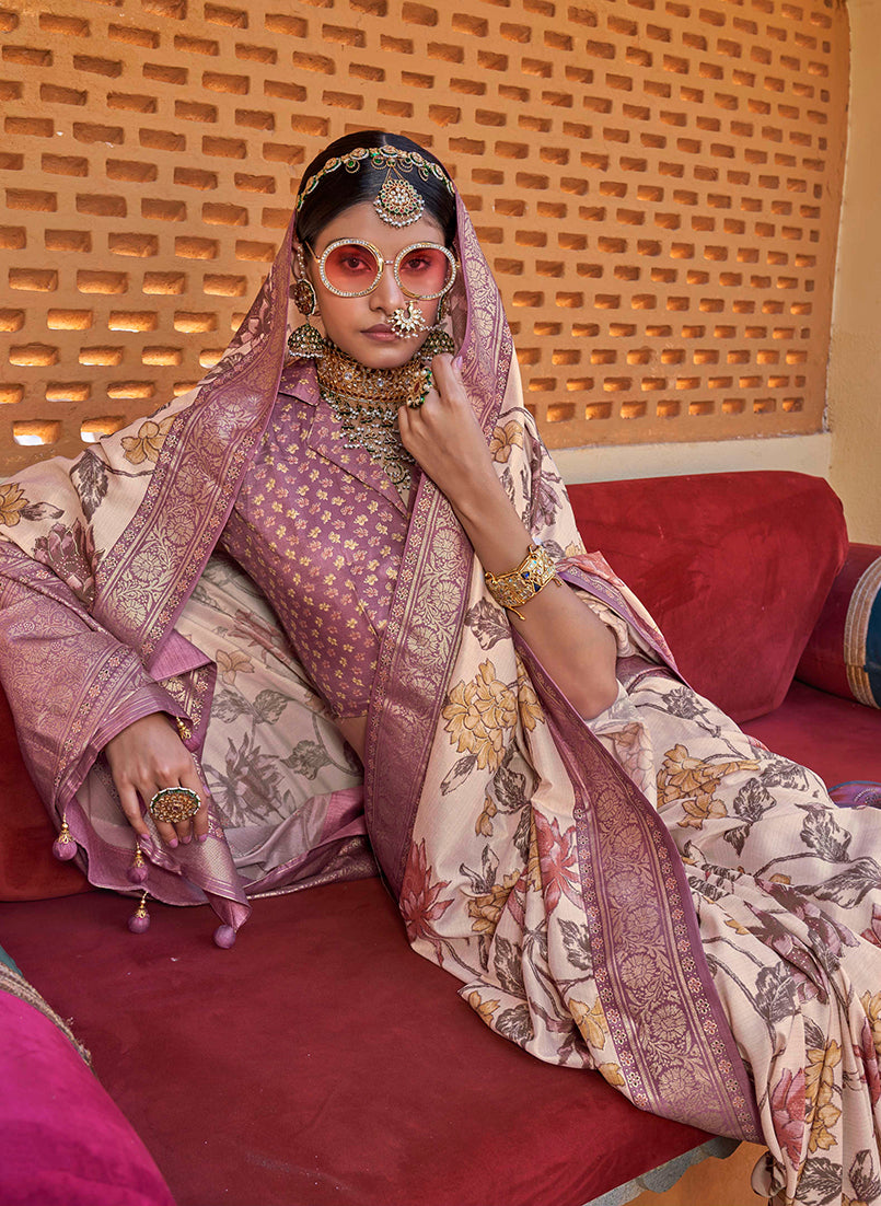 Monjolika Fashion Cream Floral Print Silk Blend Saree | Grocsy