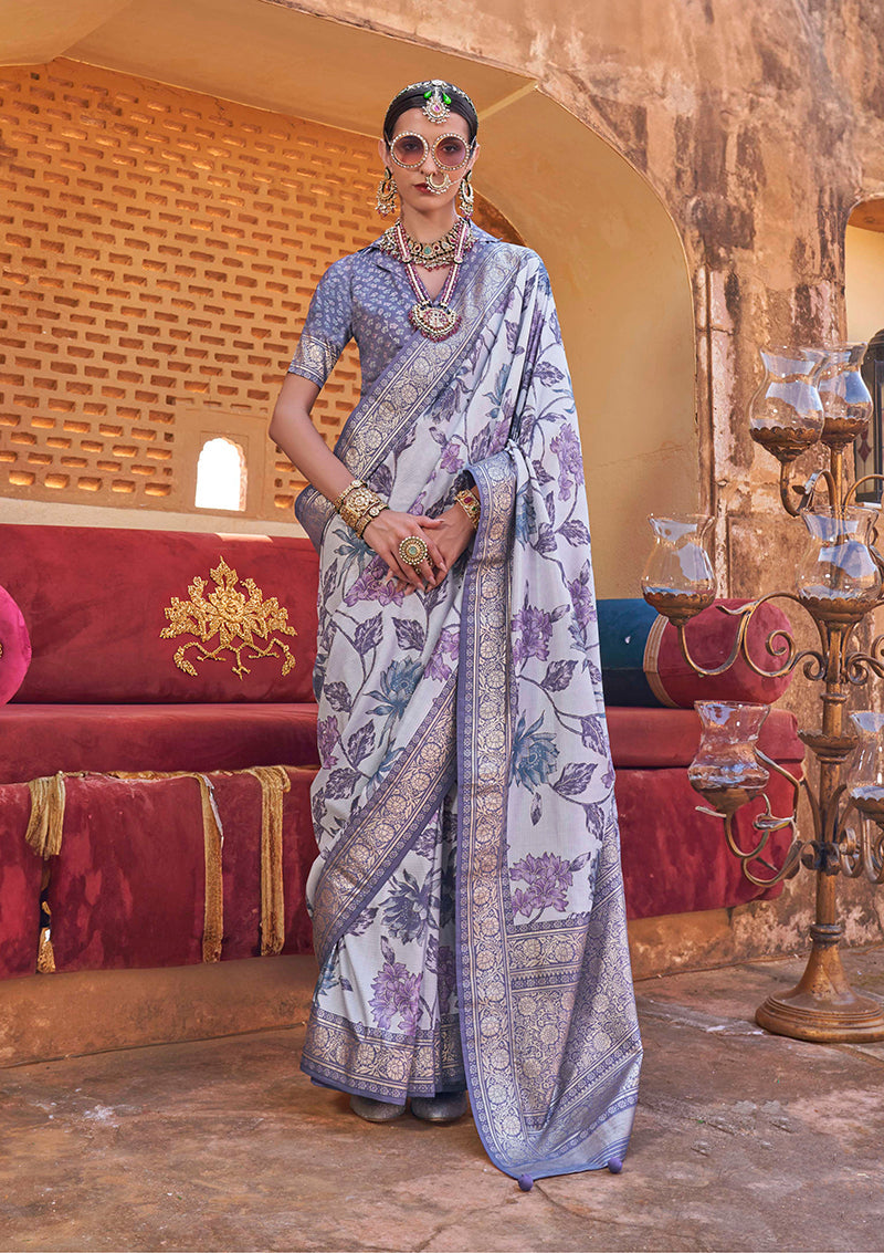 Monjolika Fashion Light Lavender Floral Print Silk Blend Saree | Grocsy