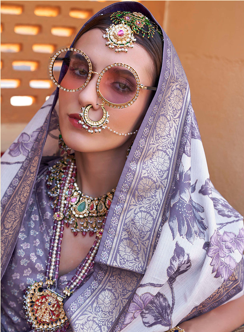 Monjolika Fashion Light Lavender Floral Print Silk Blend Saree | Grocsy