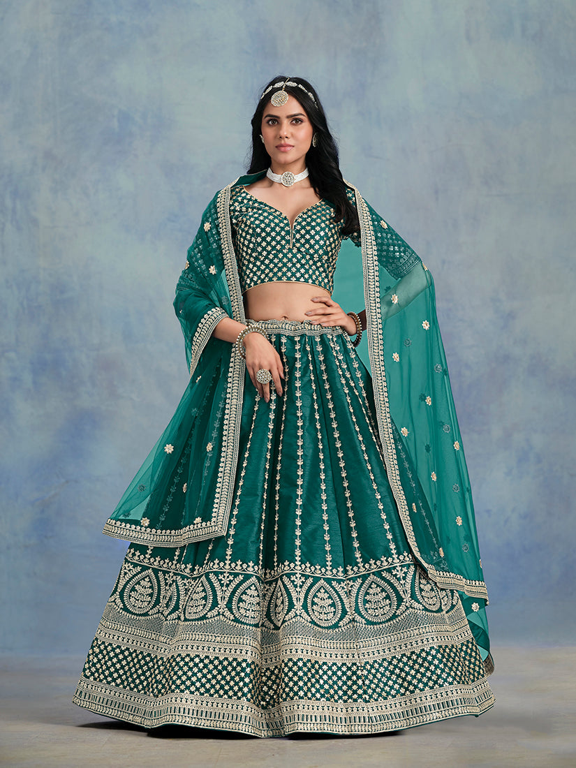 Monjolika Fashion Art Silk Embroidered Teal Designer Lehenga Choli | Grocsy