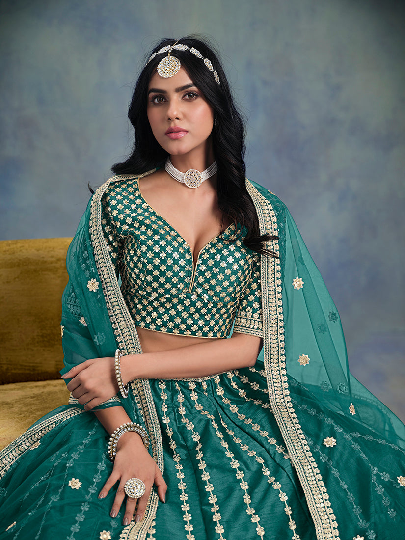 Monjolika Fashion Art Silk Embroidered Teal Designer Lehenga Choli | Grocsy