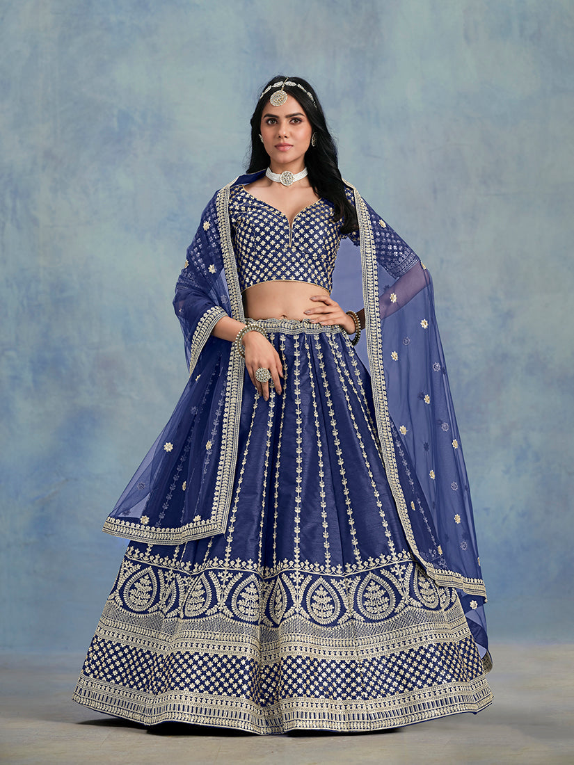 Monjolika Fashion Art Silk Embroidered Blue Designer Lehenga Choli | Grocsy