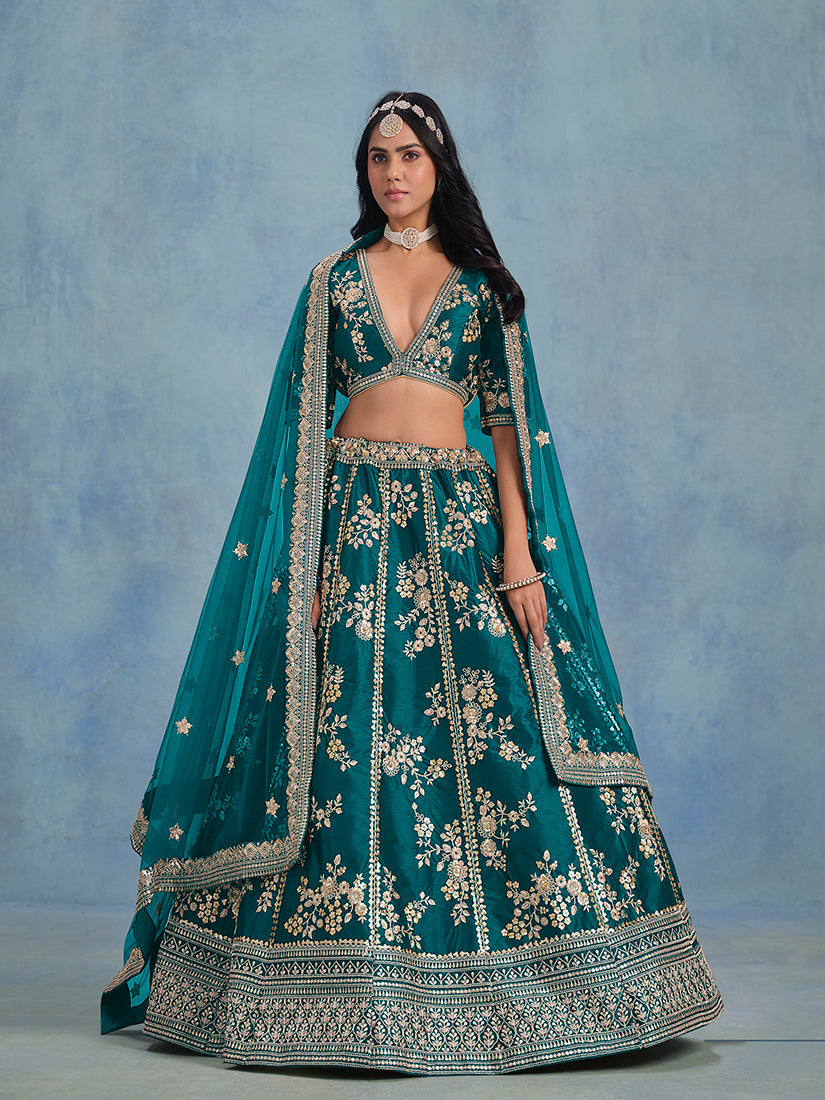Monjolika Fashion Rama Green Art Silk Designer Wedding Lehenga Choli | Grocsy