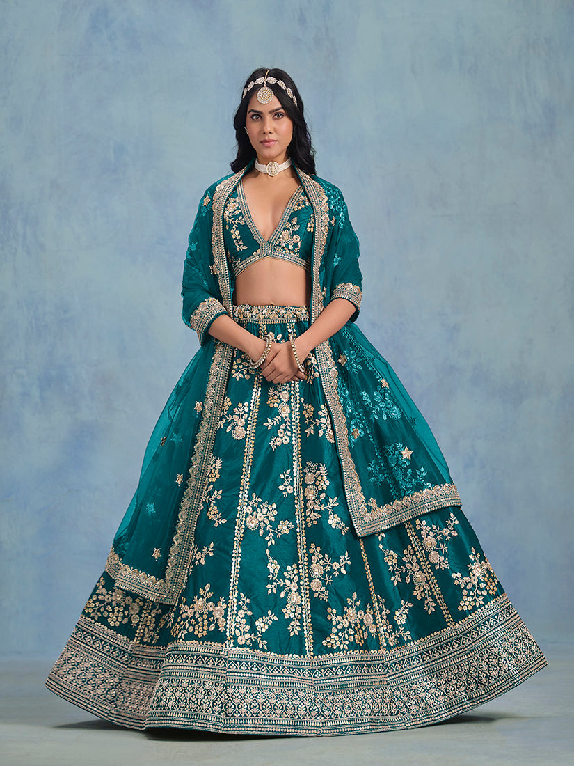 Monjolika Fashion Rama Green Art Silk Designer Wedding Lehenga Choli | Grocsy