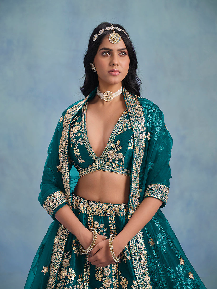 Monjolika Fashion Rama Green Art Silk Designer Wedding Lehenga Choli | Grocsy