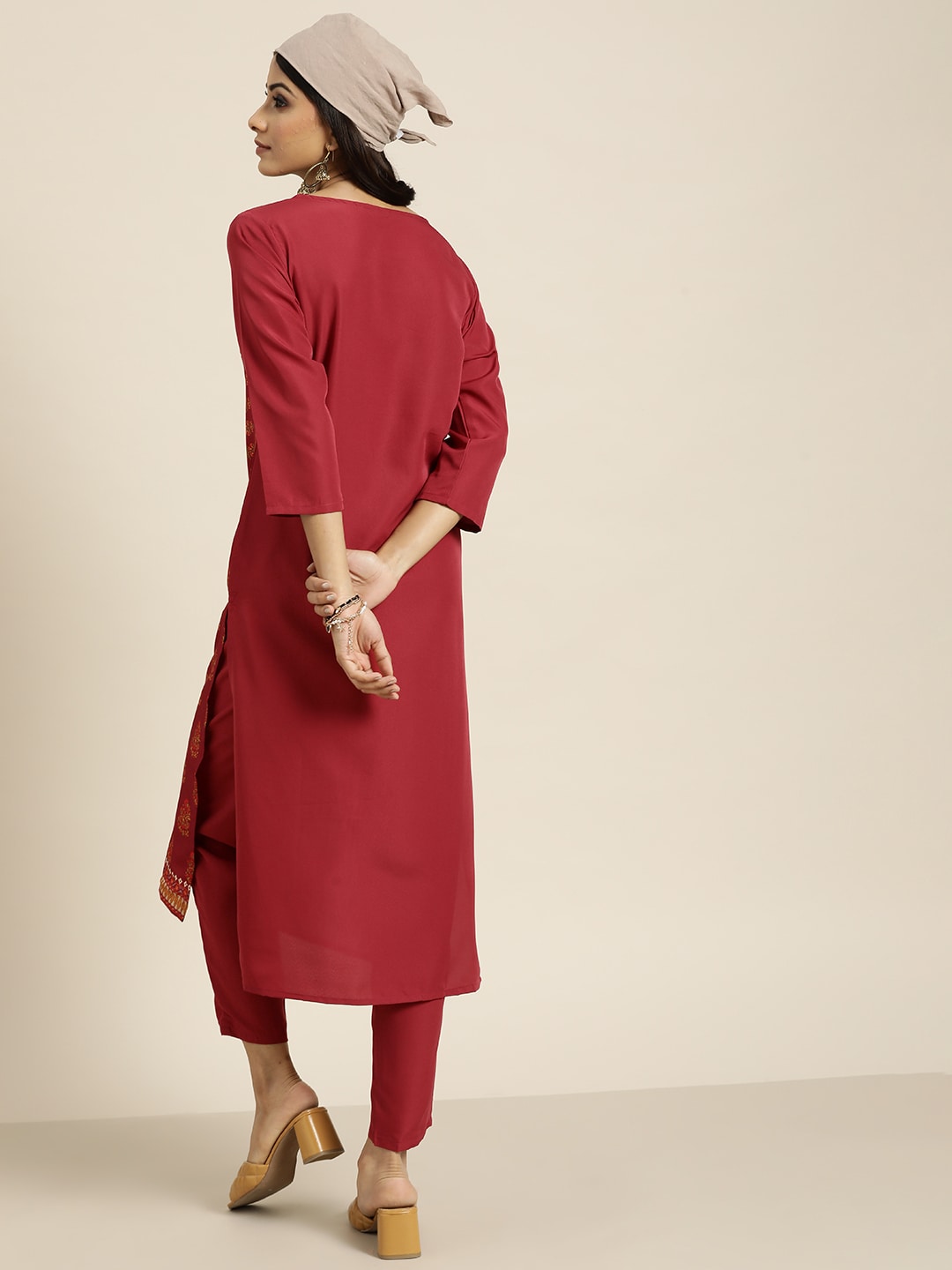 Sangria Women Maroon Ethnic Motifs Printed Kurta with Trousers | Grocsy