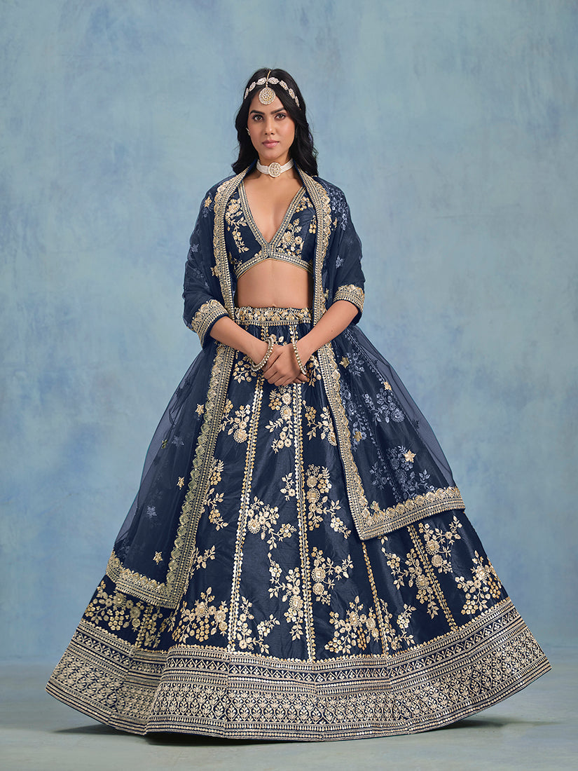 Monjolika Fashion Navy Blue Art Silk Designer Wedding Lehenga Choli | Grocsy