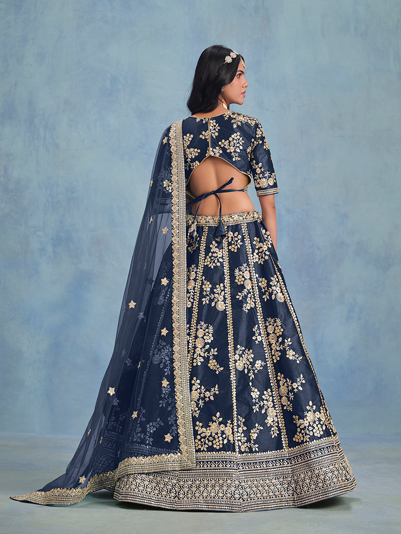 Monjolika Fashion Navy Blue Art Silk Designer Wedding Lehenga Choli | Grocsy