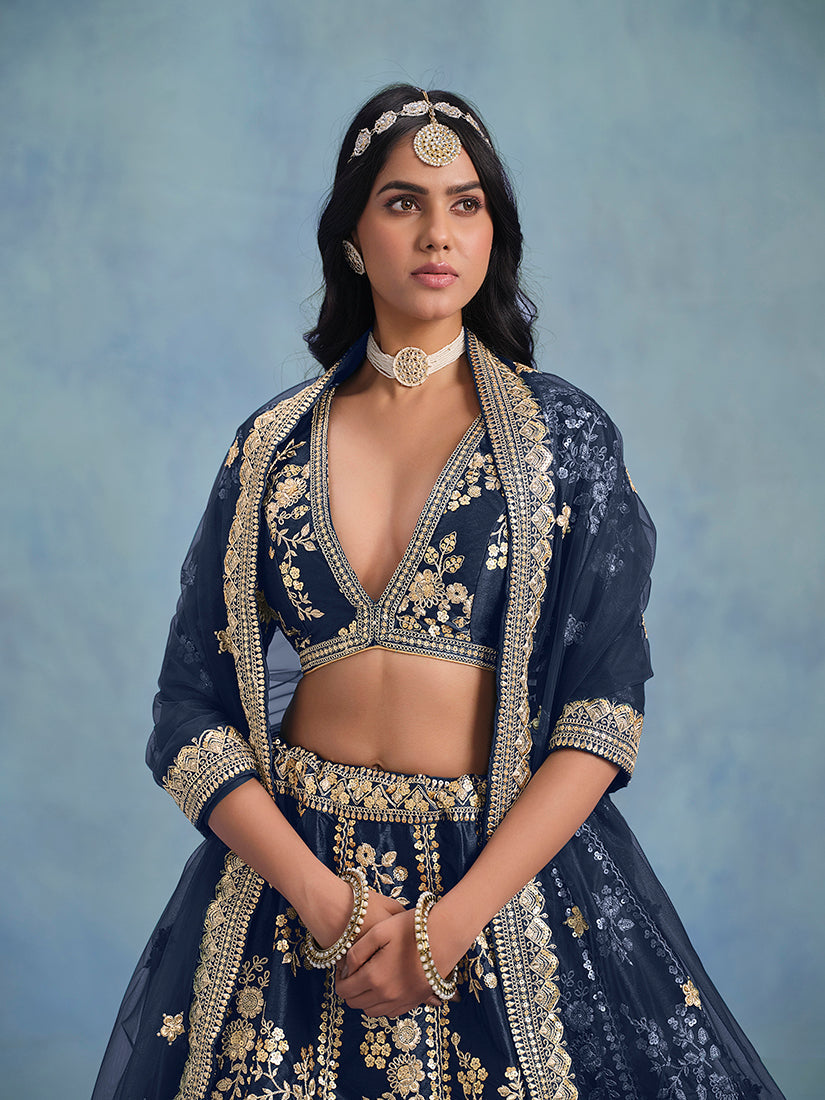 Monjolika Fashion Navy Blue Art Silk Designer Wedding Lehenga Choli | Grocsy