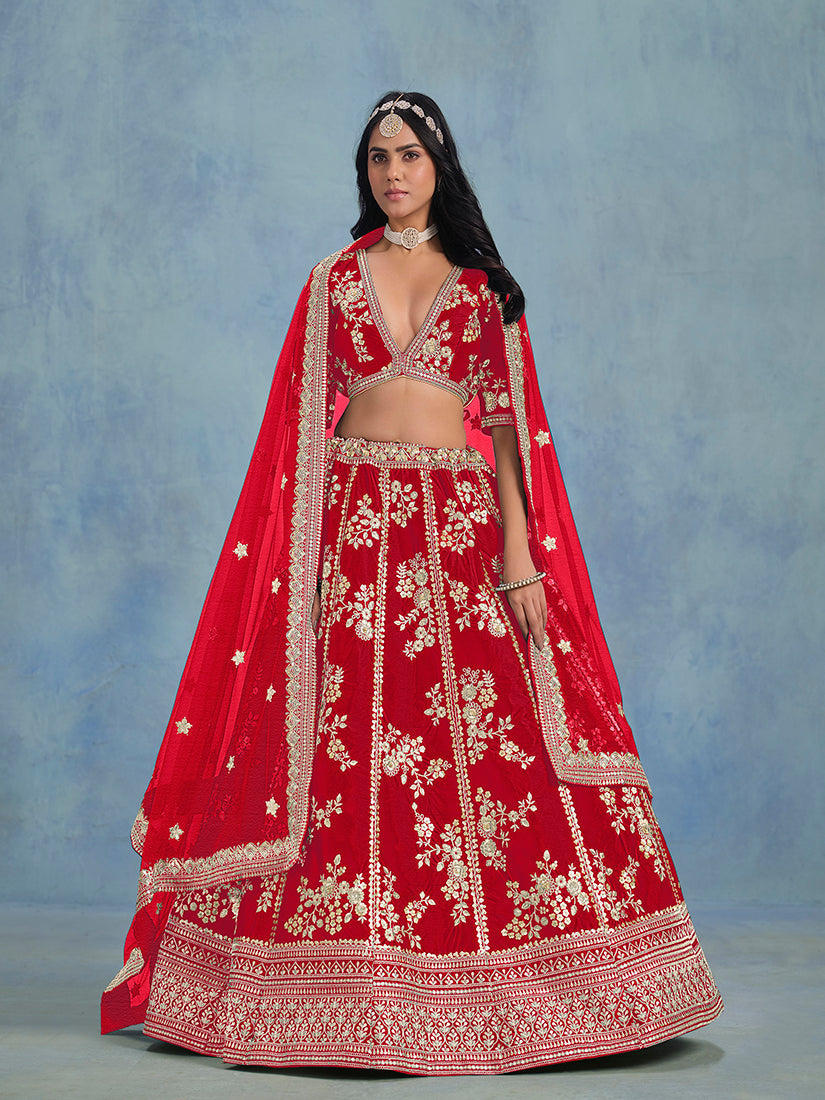 Monjolika Fashion Red Art Silk Designer Wedding Lehenga Choli | Grocsy