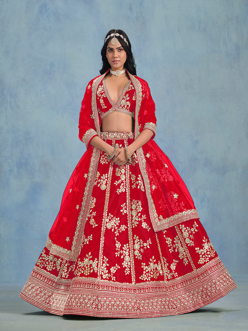 Monjolika Fashion Red Art Silk Designer Wedding Lehenga Choli | Grocsy
