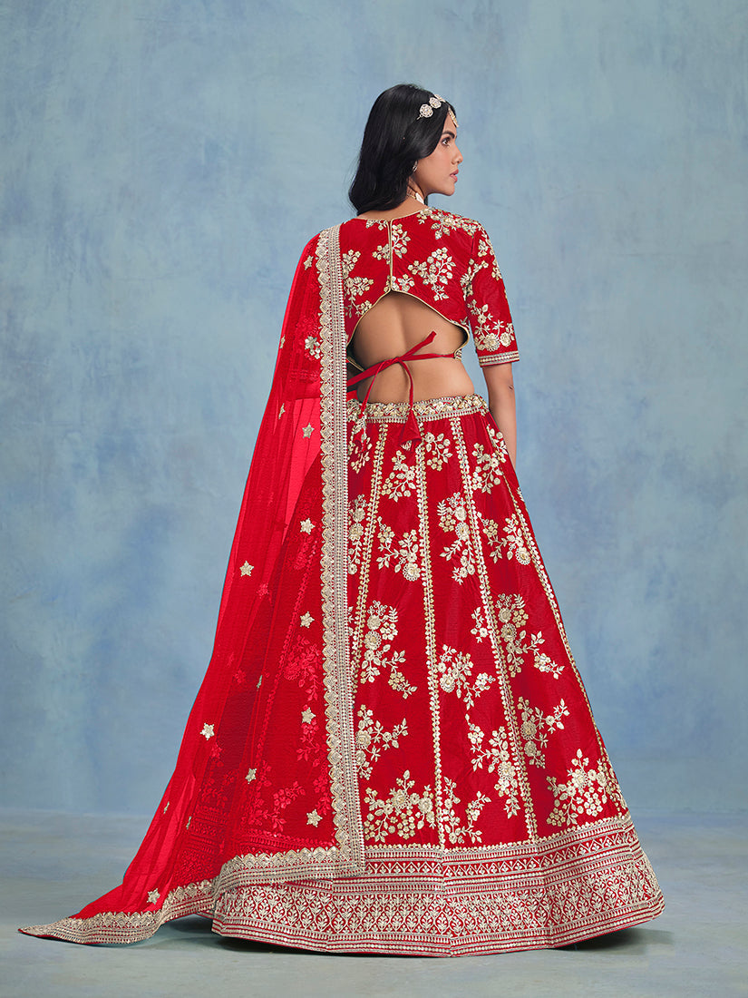 Monjolika Fashion Red Art Silk Designer Wedding Lehenga Choli | Grocsy