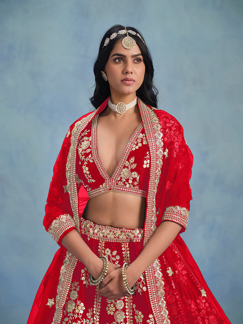Monjolika Fashion Red Art Silk Designer Wedding Lehenga Choli | Grocsy