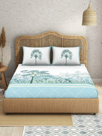 SPACES Kalakari Haath Teal Green Print Pure Cotton 210 TC King Bedsheet & 2 Pillow Covers | Grocsy