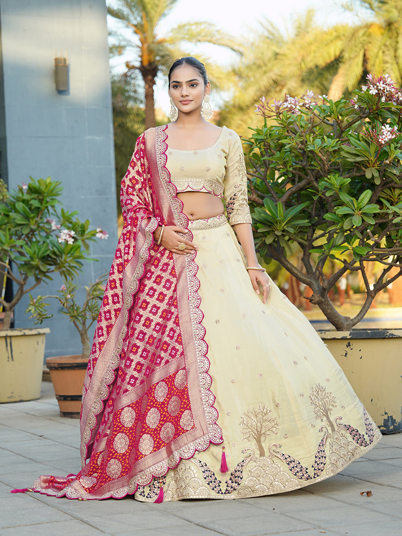 Monjolika Fashion Embroidered Work Viscose Trendy Lehenga Choli in Cream for Festival | Grocsy