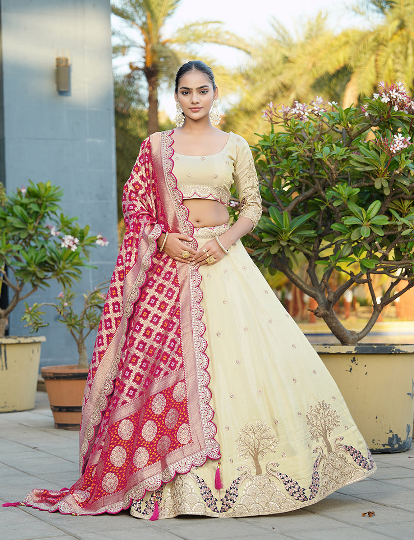 Monjolika Fashion Embroidered Work Viscose Trendy Lehenga Choli in Cream for Festival | Grocsy