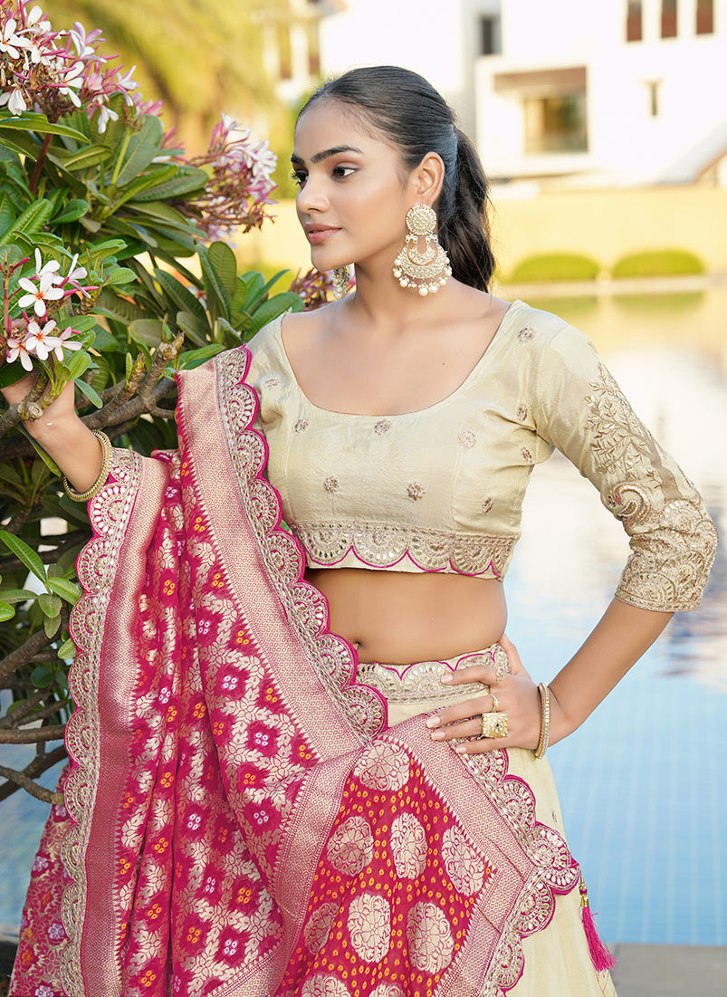 Monjolika Fashion Embroidered Work Viscose Trendy Lehenga Choli in Cream for Festival | Grocsy