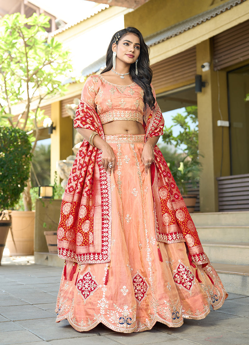 Monjolika Fashion Embroidered Work Viscose Trendy Lehenga Choli in Peach for Festival | Grocsy