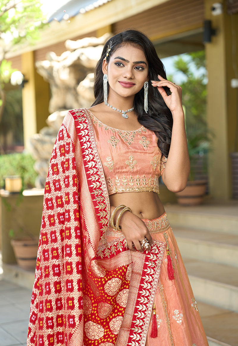 Monjolika Fashion Embroidered Work Viscose Trendy Lehenga Choli in Peach for Festival | Grocsy