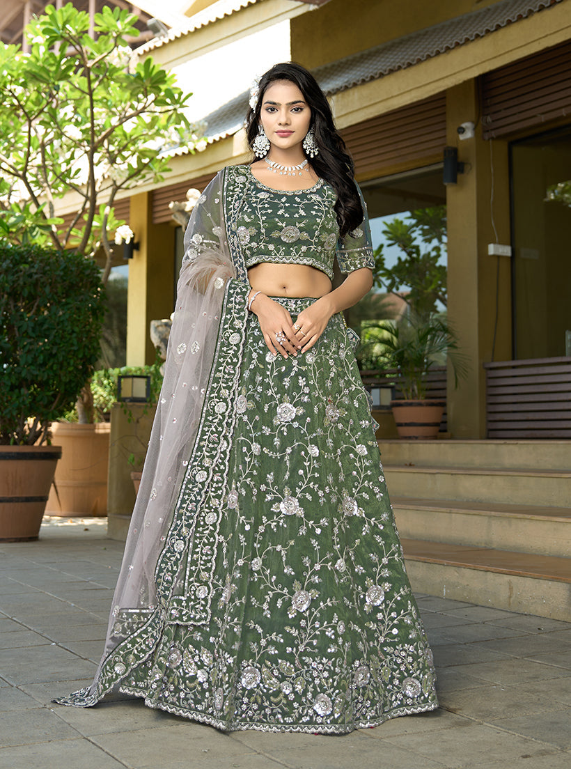 Monjolika Fashion Green Embroidered Lehenga Choli In Tissue | Grocsy