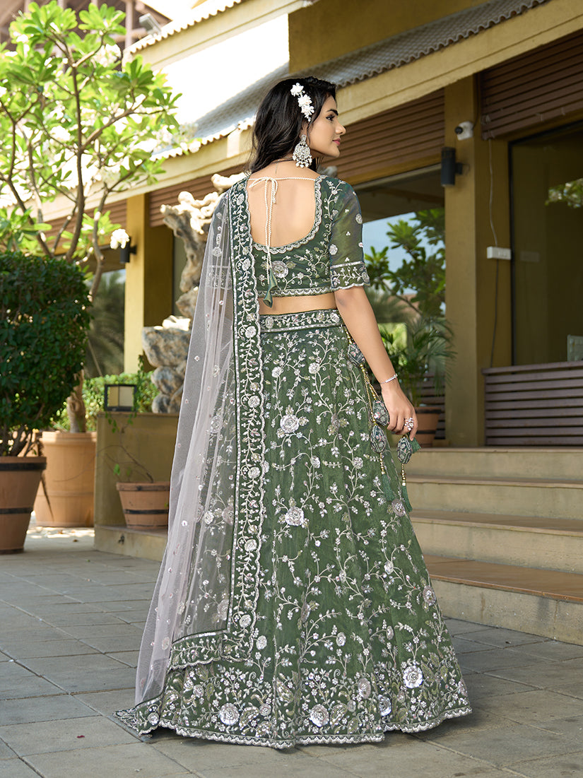 Monjolika Fashion Green Embroidered Lehenga Choli In Tissue | Grocsy