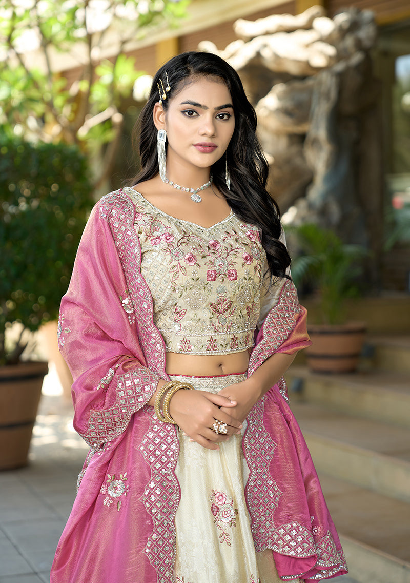 Monjolika Fashion Off White Embroidered Jacquard Lehenga Choli | Grocsy