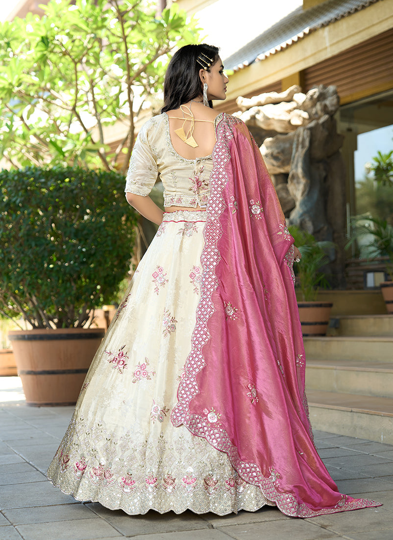 Monjolika Fashion Off White Embroidered Jacquard Lehenga Choli | Grocsy