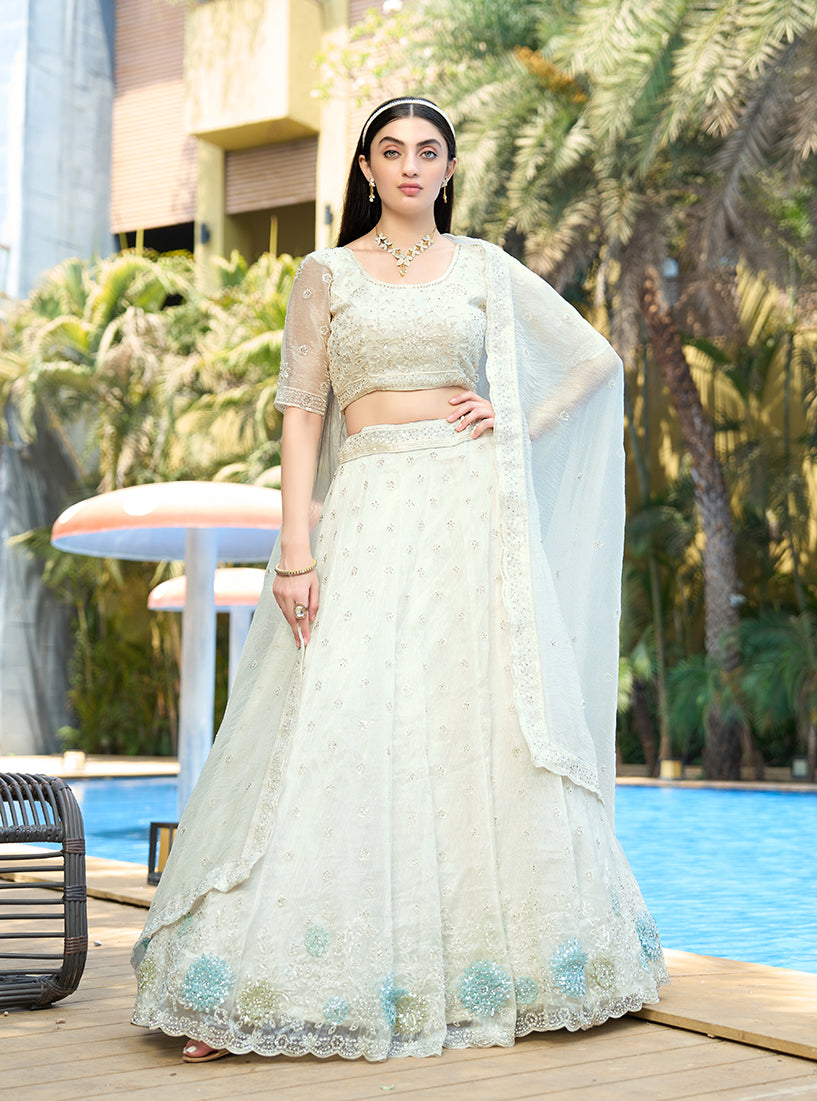 Monjolika Fashion White Embellished Lehenga Choli In Organza | Grocsy
