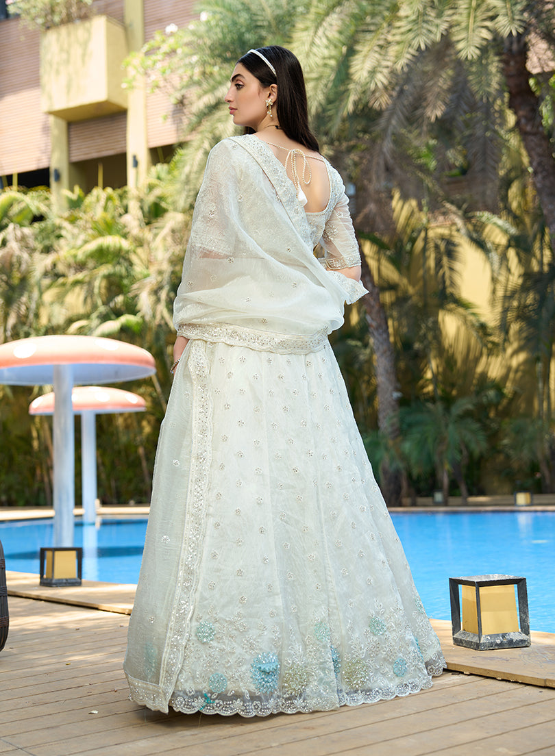 Monjolika Fashion White Embellished Lehenga Choli In Organza | Grocsy