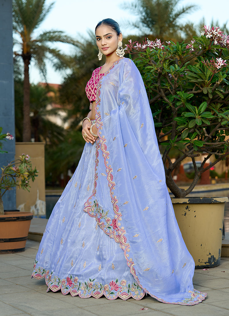 Monjolika Fashion Sky Blue Embroidered Viscose Lehenga Choli | Grocsy