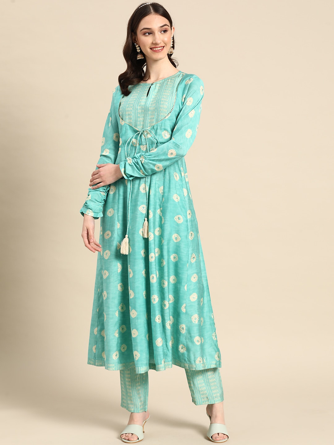 Sangria Women Ethnic Motifs Printed Empire Gotta Patti Kurta with Trousers | Grocsy