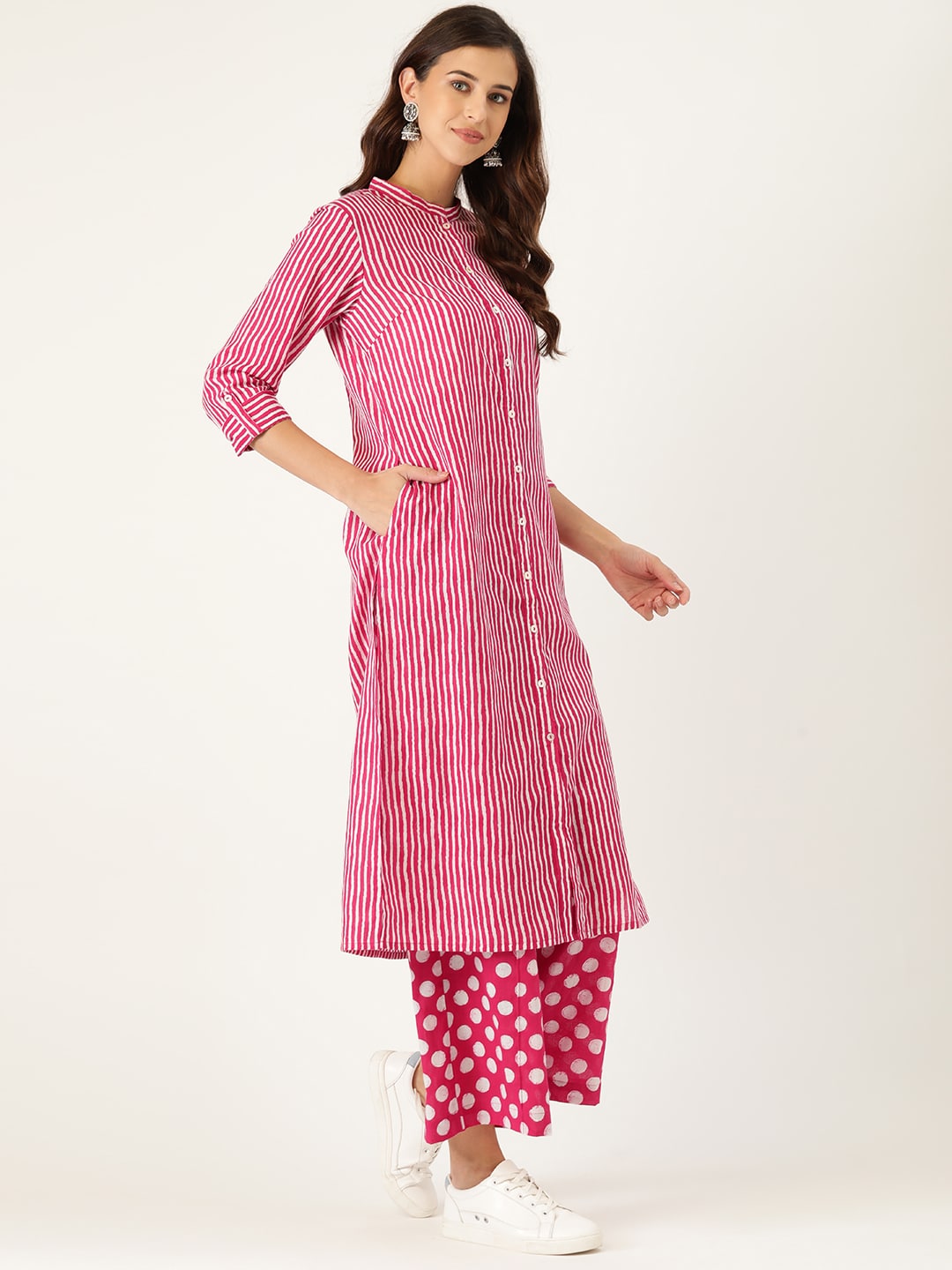Sangria Women Pink Striped Pure Cotton Kurta with Palazzos | Grocsy