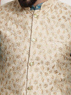Sojanya Woven Design Mandarin Collar Kurta with Churidar & Nehru Jacket | Grocsy