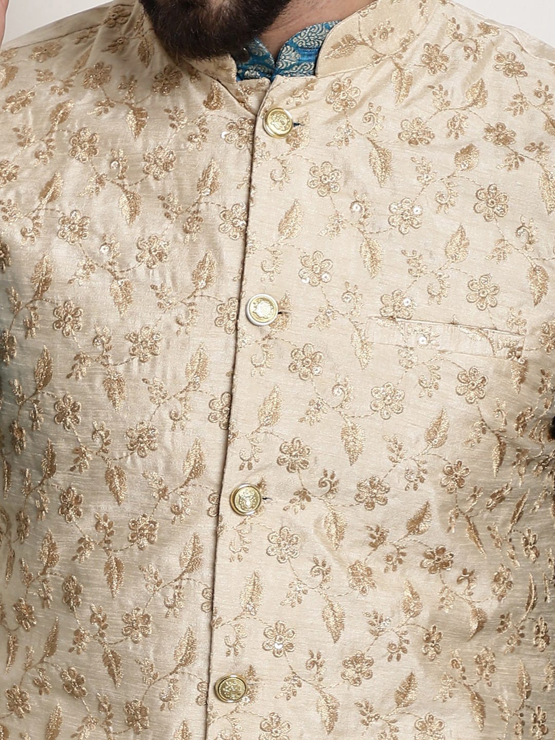 Sojanya Woven Design Mandarin Collar Kurta with Churidar & Nehru Jacket | Grocsy