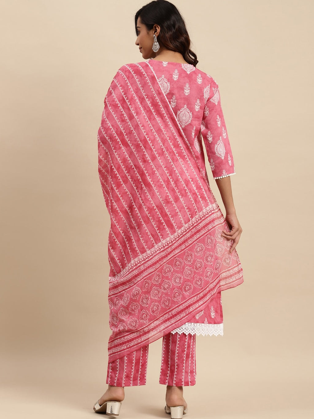 Sangria Ethnic Motifs Printed Thread Work Pure-Cotton A-Line Kurta With Trouser & Dupatta | Grocsy
