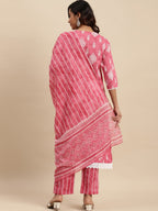 Sangria Ethnic Motifs Printed Thread Work Pure-Cotton A-Line Kurta With Trouser & Dupatta | Grocsy