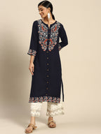 Sangria Women Navy Blue Ethnic Motifs Embroidered Kurta with Palazzos | Grocsy
