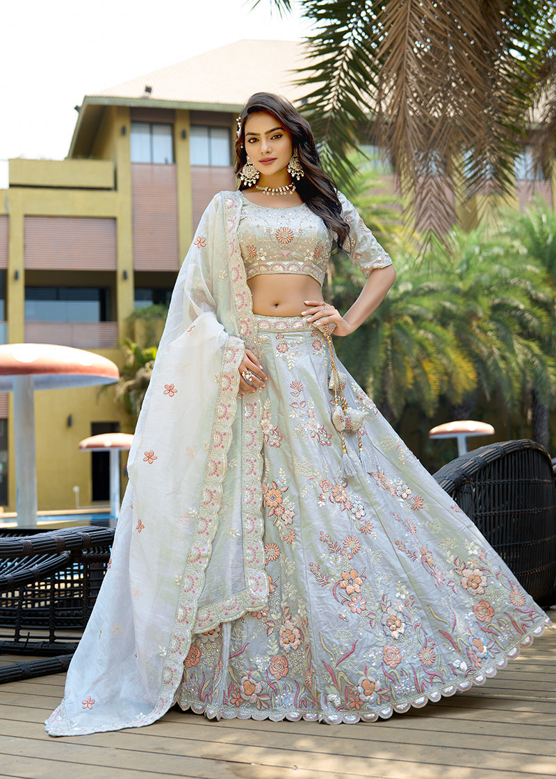 Monjolika Fashion Silk Embroidered Light Grey Designer Lehenga Choli | Grocsy