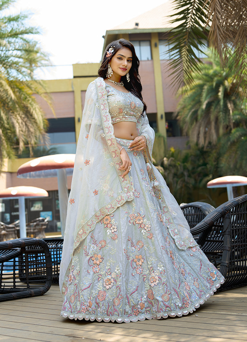 Monjolika Fashion Silk Embroidered Light Grey Designer Lehenga Choli | Grocsy