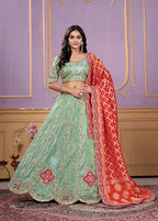 Monjolika Fashion Viscose Pista Green Embroidered Reception Lehenga Choli | Grocsy
