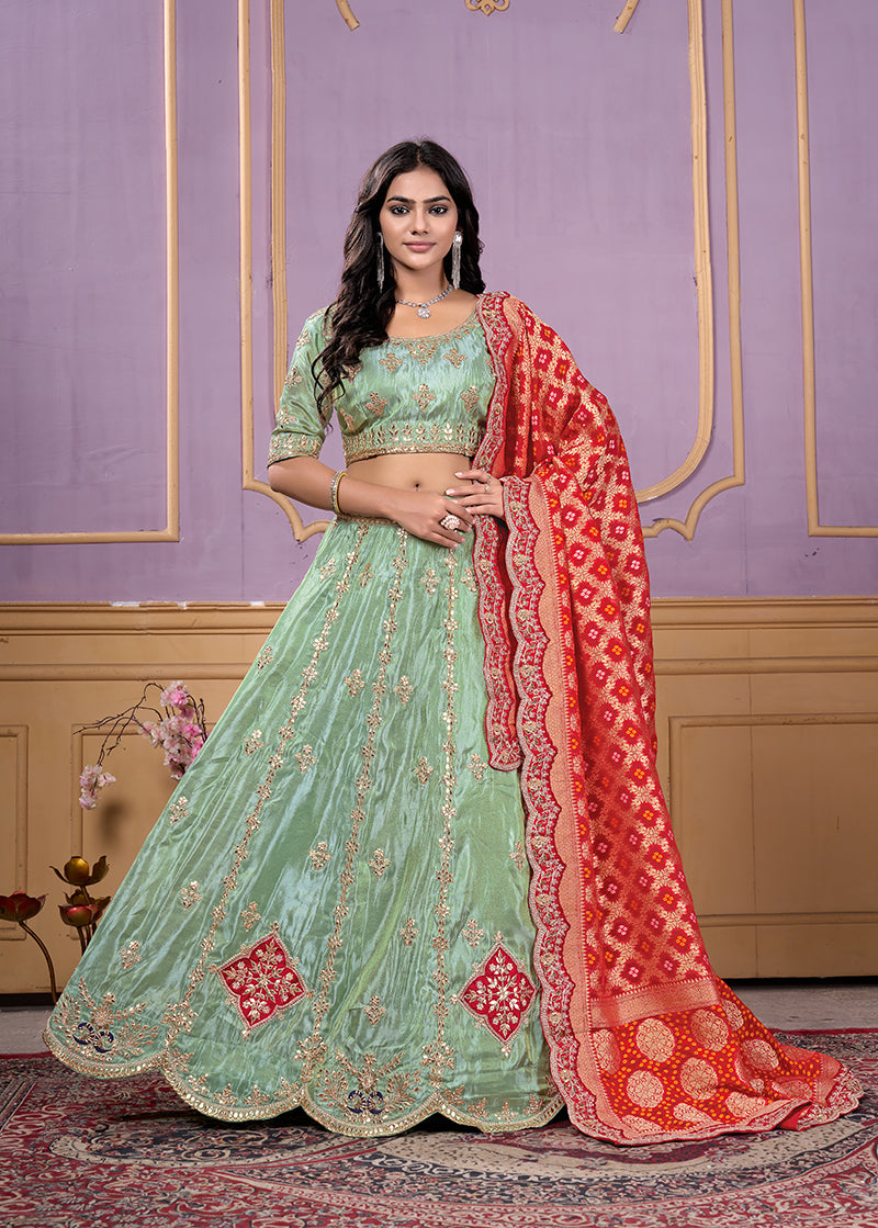 Monjolika Fashion Viscose Pista Green Embroidered Reception Lehenga Choli | Grocsy