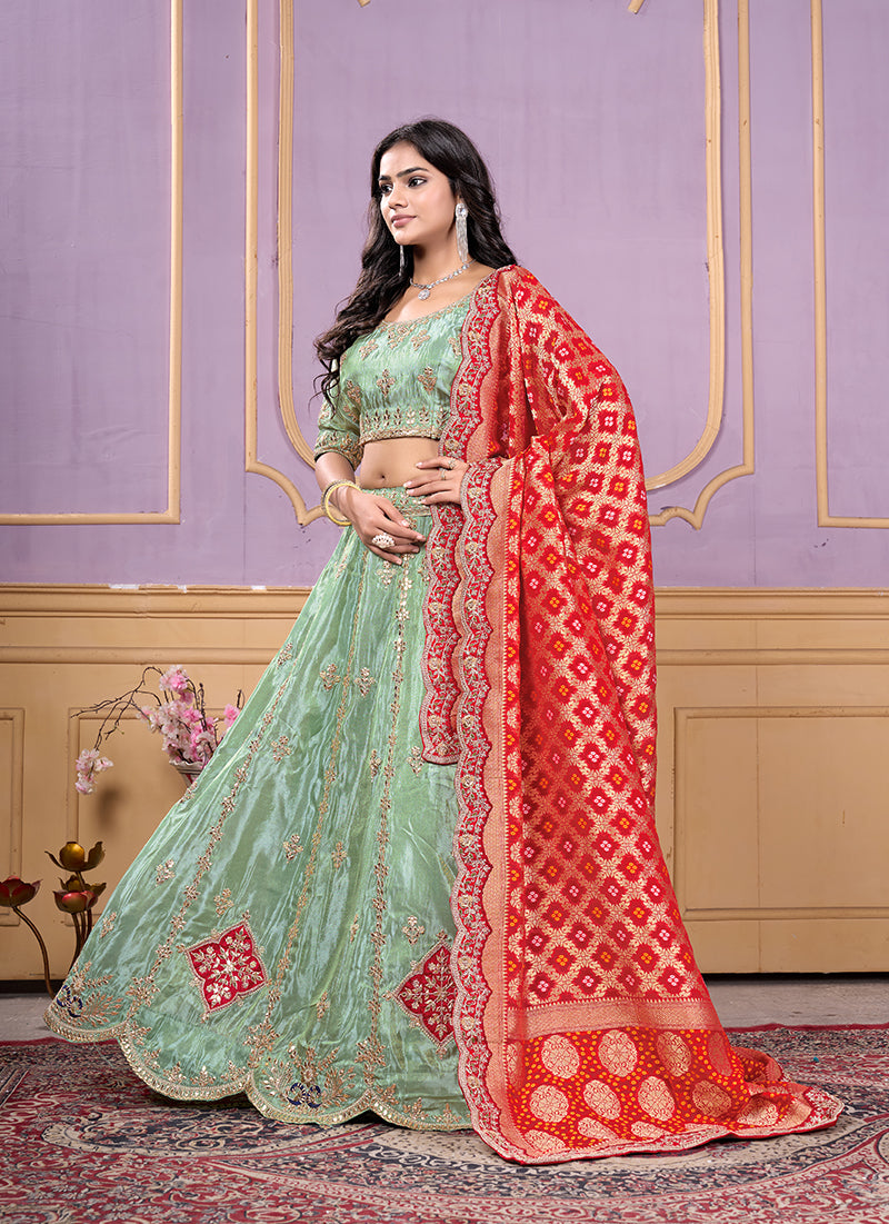 Monjolika Fashion Viscose Pista Green Embroidered Reception Lehenga Choli | Grocsy