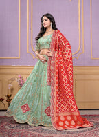 Monjolika Fashion Viscose Pista Green Embroidered Reception Lehenga Choli | Grocsy