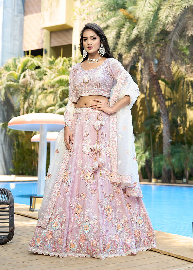 Monjolika Fashion Silk Embroidered Light Pink Designer Lehenga Choli | Grocsy