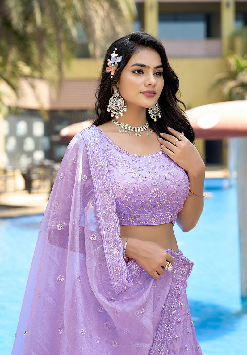 Monjolika Fashion Organza Lavender Sequins Work Lehenga Choli Set | Grocsy