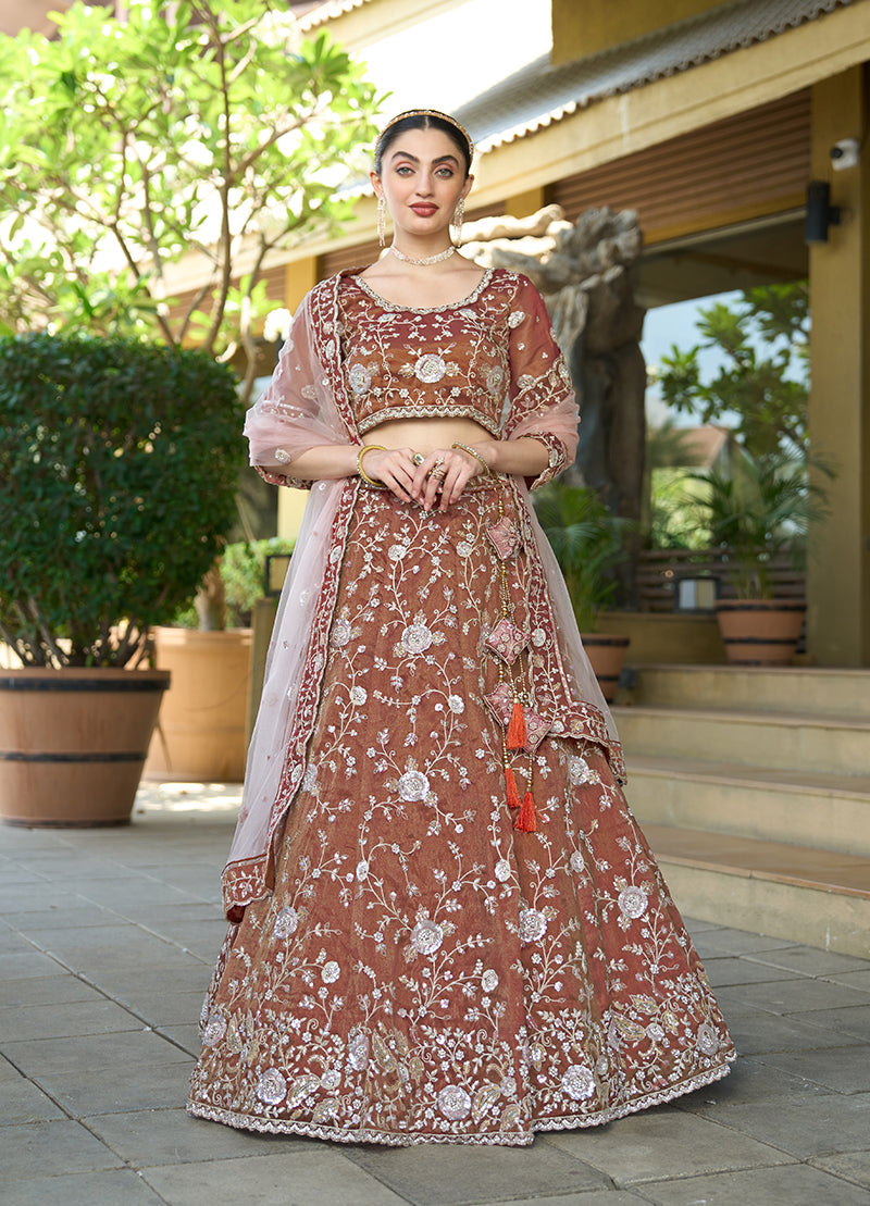 Monjolika Fashion Brown Tissue Embellished Lehenga Choli | Grocsy