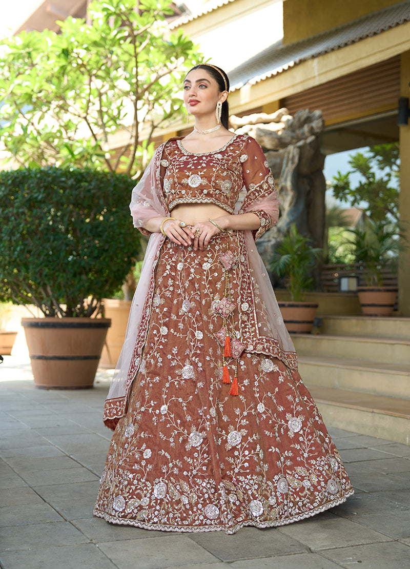 Monjolika Fashion Brown Tissue Embellished Lehenga Choli | Grocsy