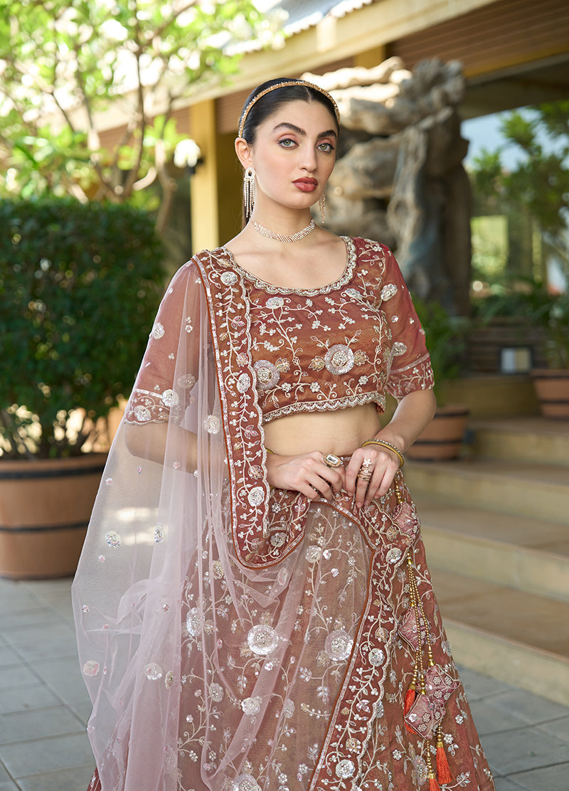 Monjolika Fashion Brown Tissue Embellished Lehenga Choli | Grocsy