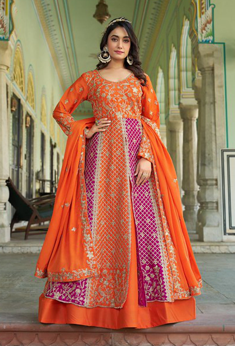 Monjolika Fashion Orange And Pink Embroidered Anarkali Gown | Grocsy