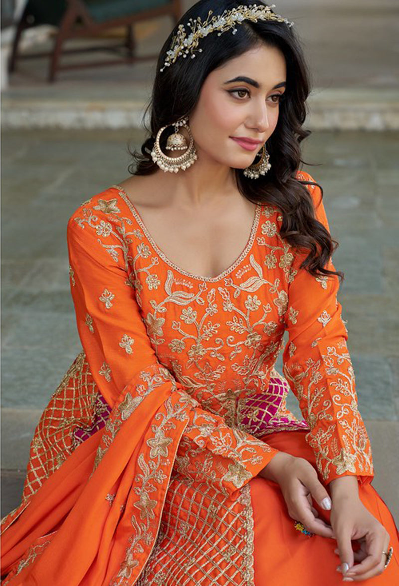 Monjolika Fashion Orange And Pink Embroidered Anarkali Gown | Grocsy